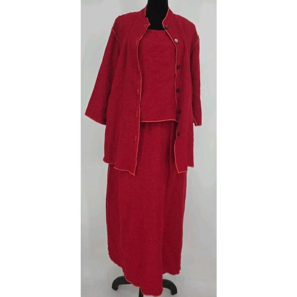 Click By Color Me Cotton 3‎ Pc Linen Skirt Set Red Maxi Skirt M Tank XS Jacket M